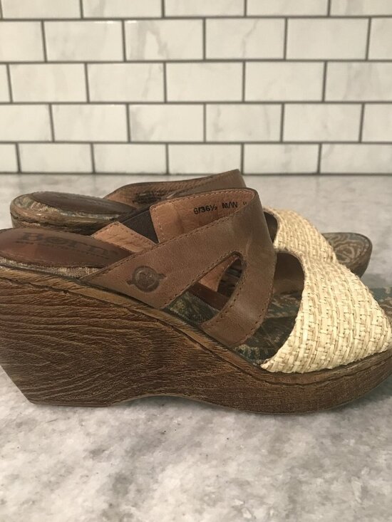 Børn Shoes - Born Sandals Womens Size 6 Wedge Heel Leather Woven Strappy Bohemian Hippie
